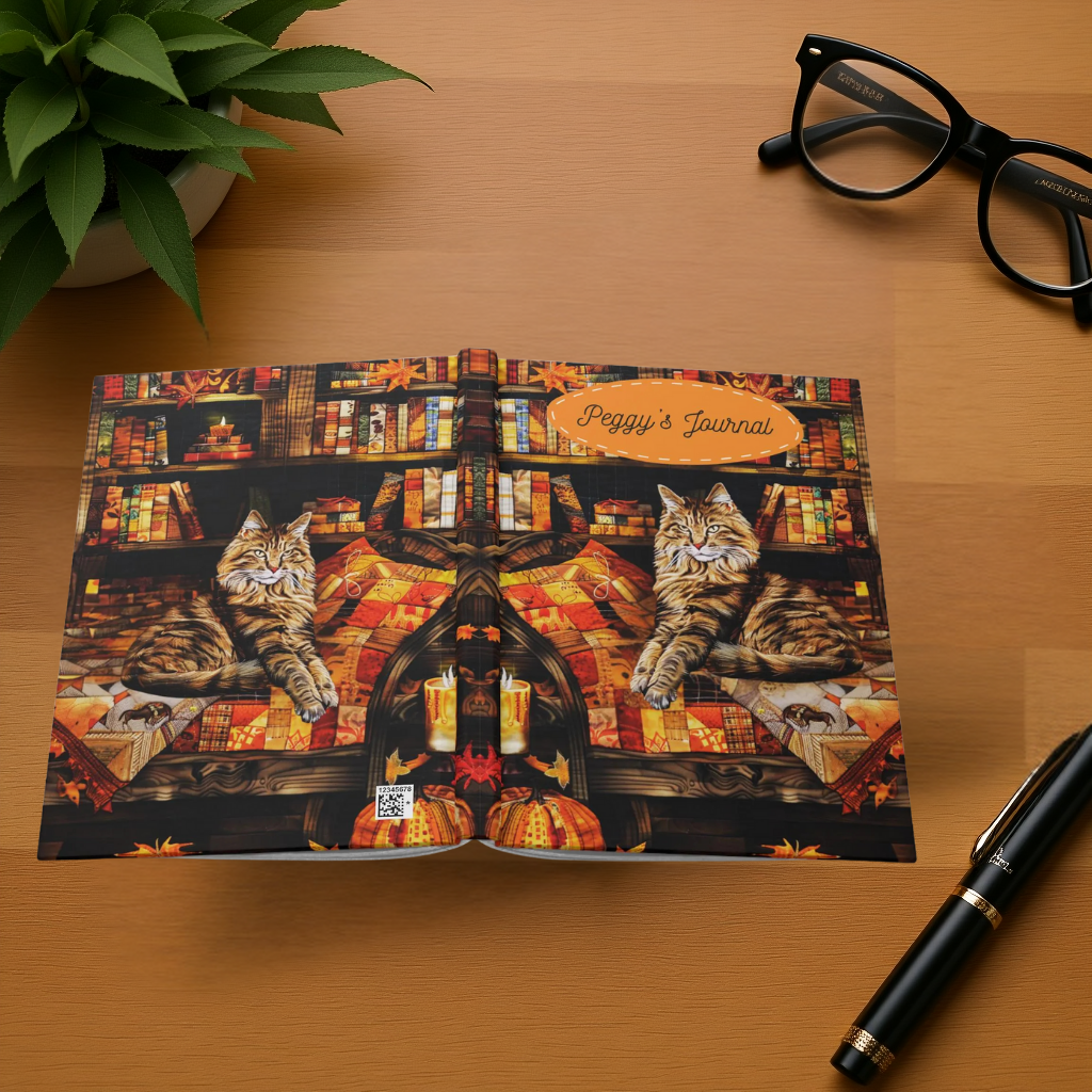 Quilted-Look Maine Coon Journal - Cozy Bookshelf Scene, Cat Lover Gift