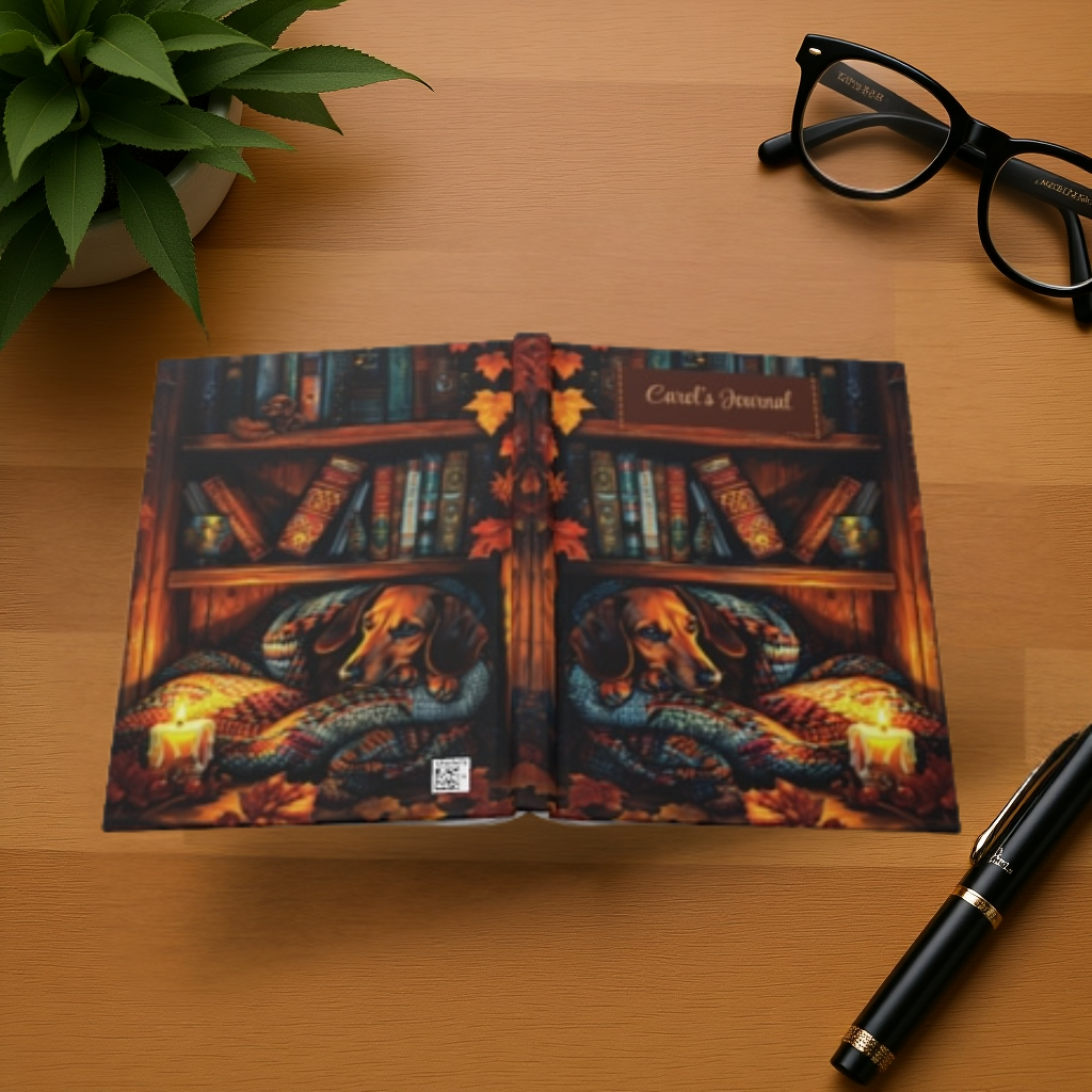 Quilted-Look Dachshund Journal - Cozy Bookshelf Scene, Dog Lover Gift
