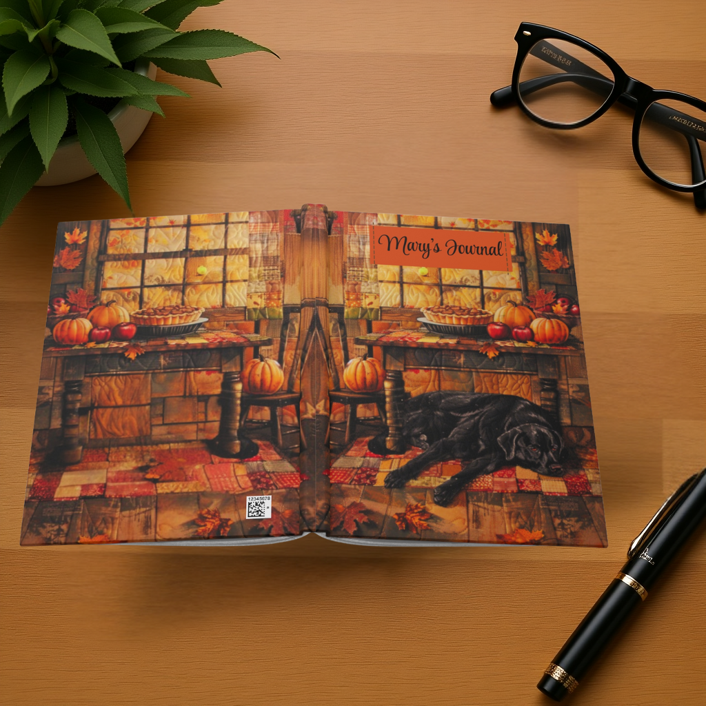 Quilted-Look Black Lab Journal - Cozy Autumn Kitchen Scene, Dog Gift
