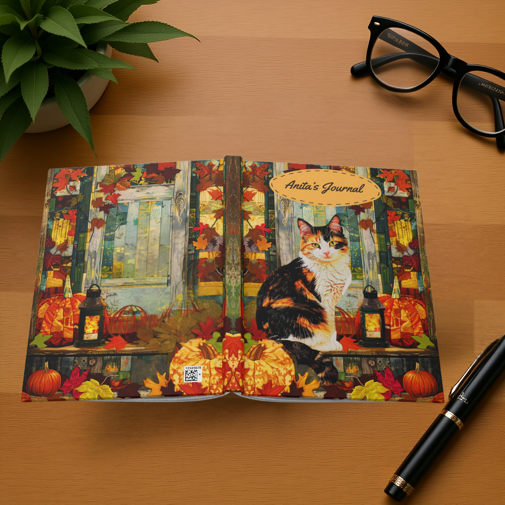 Quilted-Look Calico Cat Journal - Autumn Lantern Scene, Cat Lover Gift