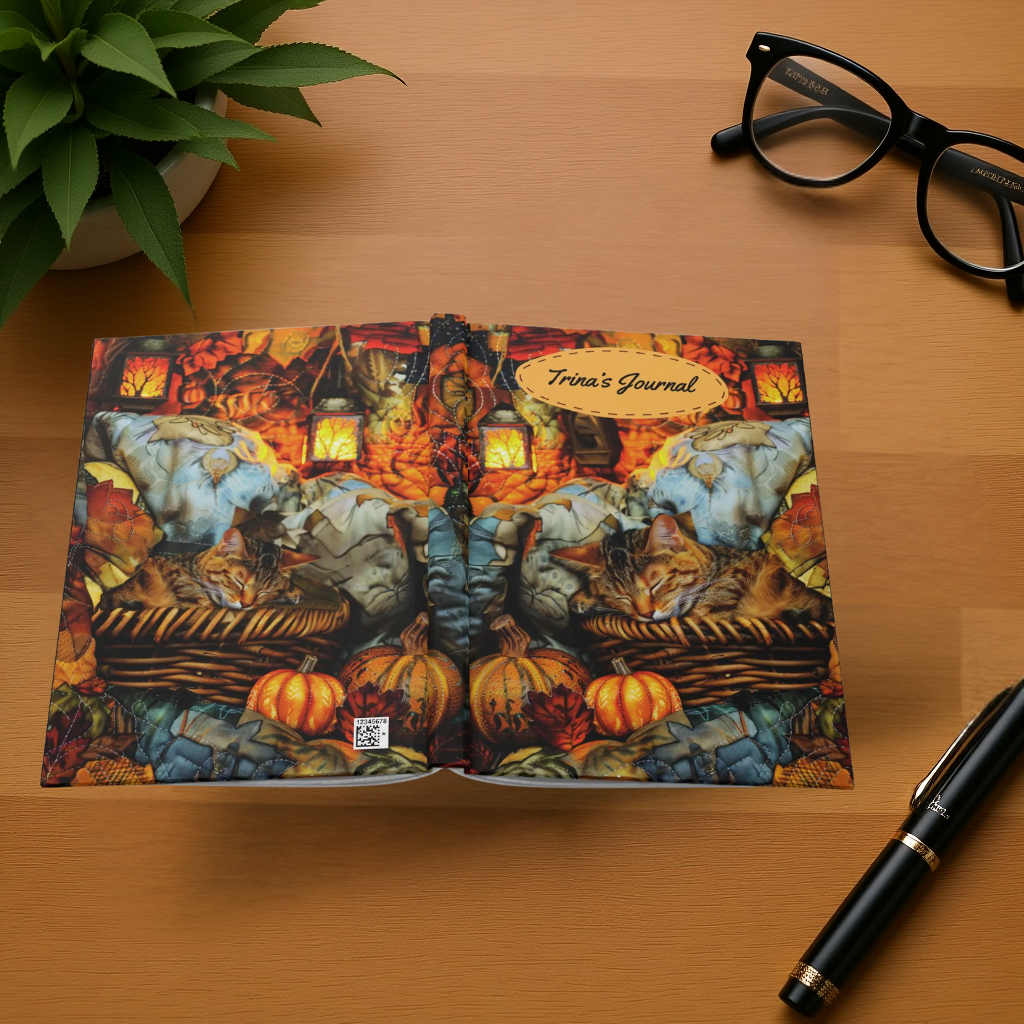 Quilted-Look Exotic Shorthair Cat Journal - Cozy Autumn Basket Scene