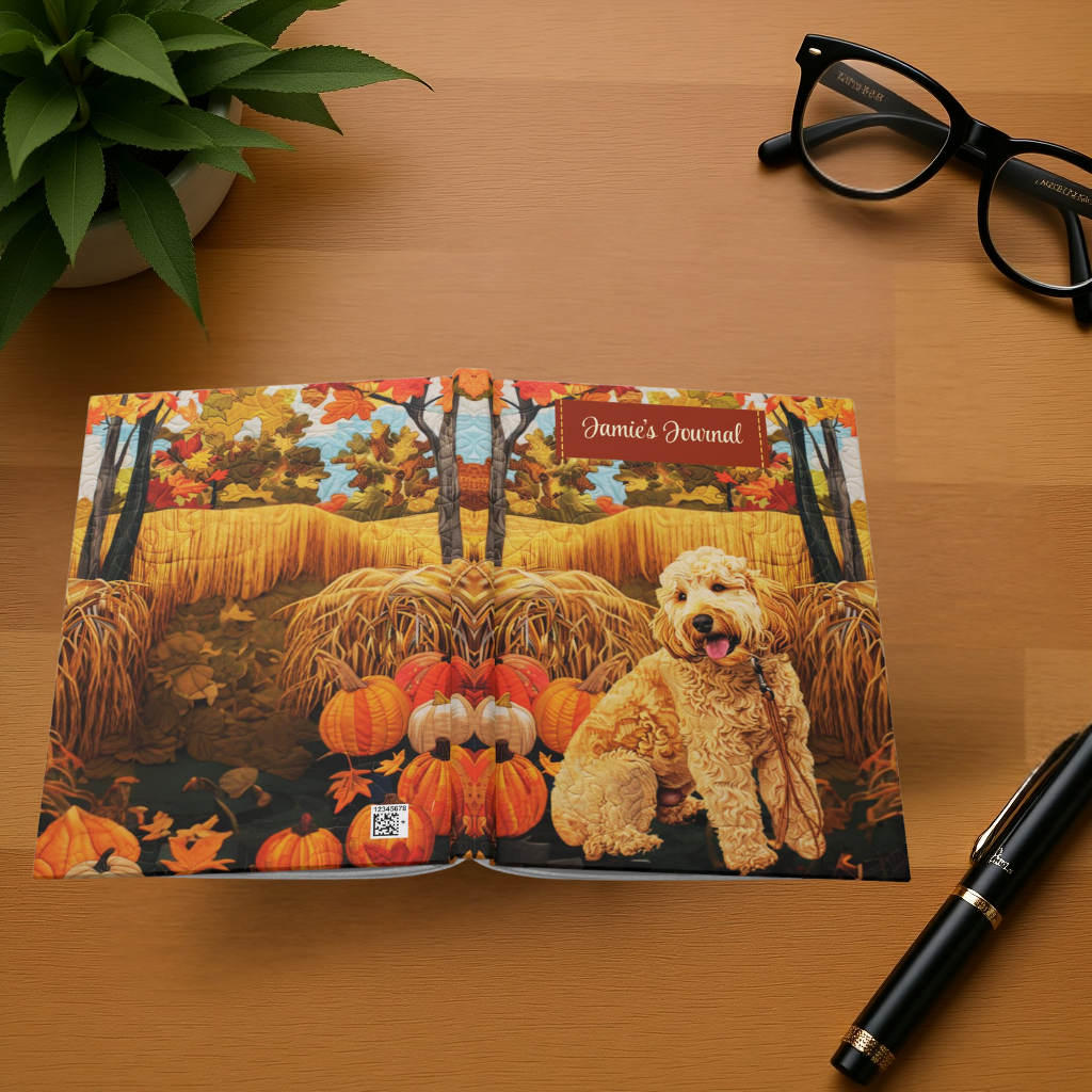 Quilted-Look Goldendoodle Journal - Cozy Autumn Reading Scene, Dog Gift