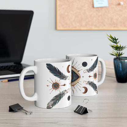 Mystic Vision Mug – Boho All-Seeing Eye & Feather Design | Celestial Coffee Cup Gift