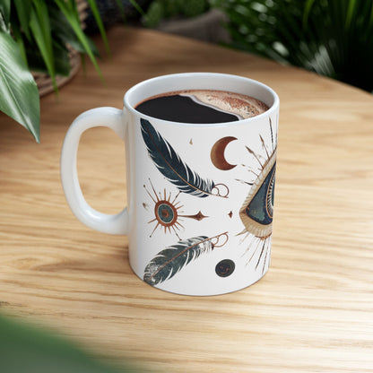 Mystic Vision Mug – Boho All-Seeing Eye & Feather Design | Celestial Coffee Cup Gift