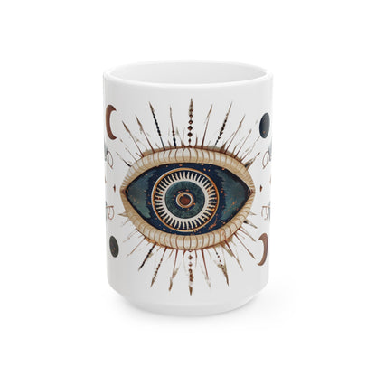 Mystic Vision Mug – Boho All-Seeing Eye & Feather Design | Celestial Coffee Cup Gift