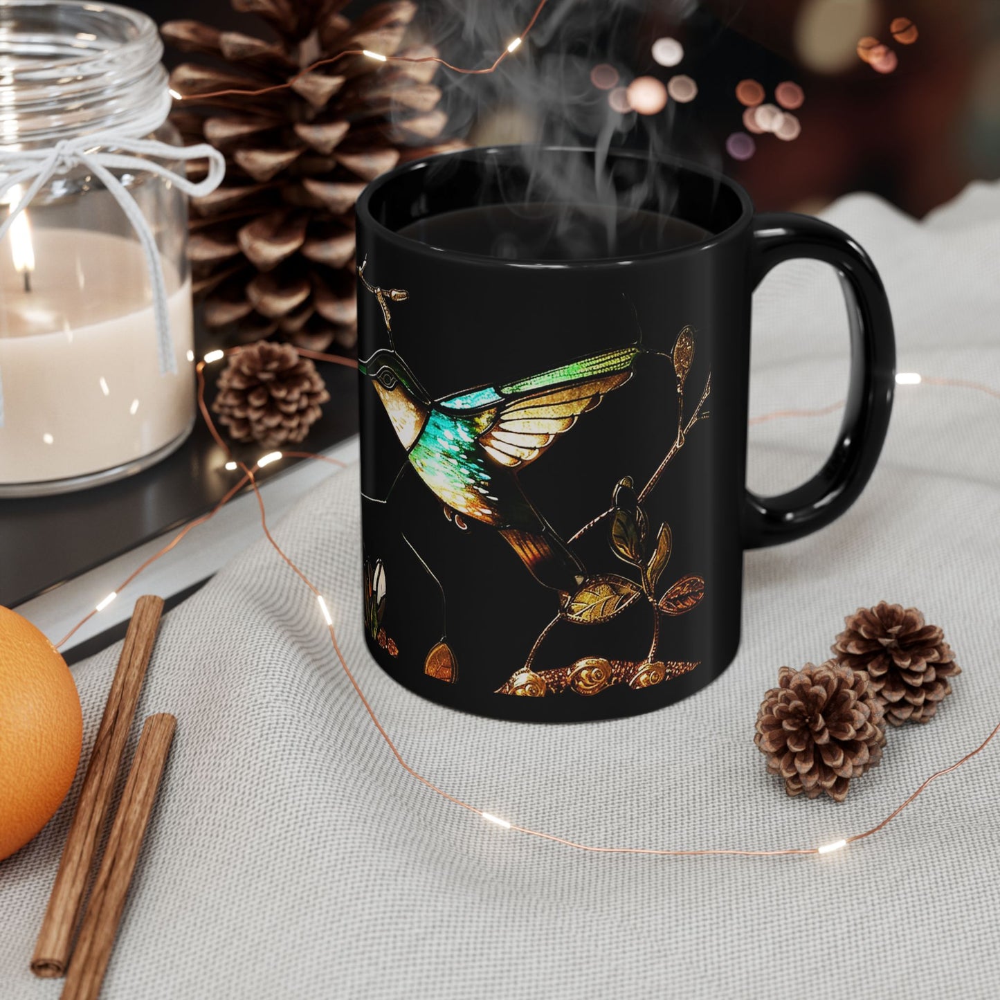 Stained Glass Look Hummingbird – Black Ceramic Mug