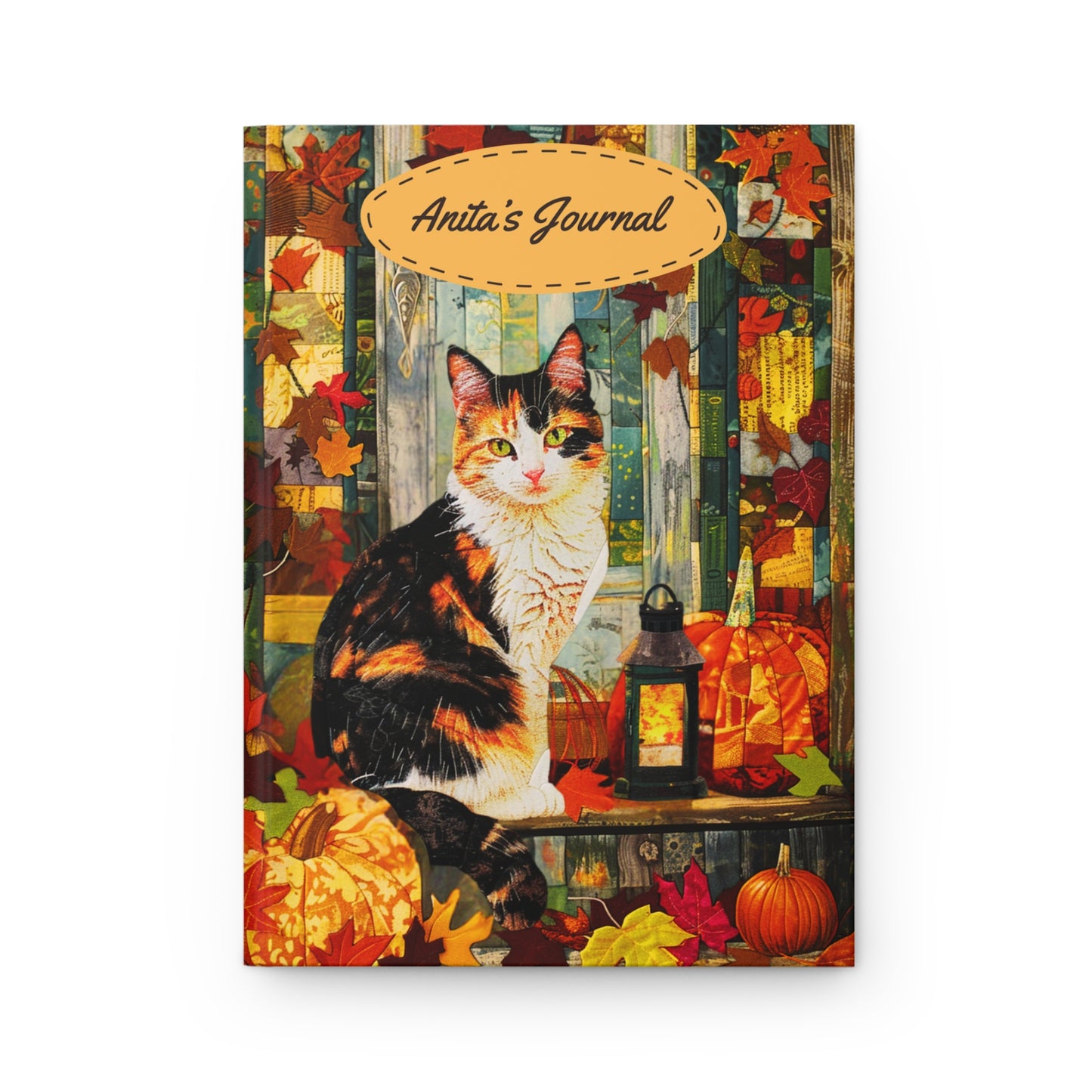Quilted-Look Calico Cat Journal - Autumn Lantern Scene, Cat Lover Gift
