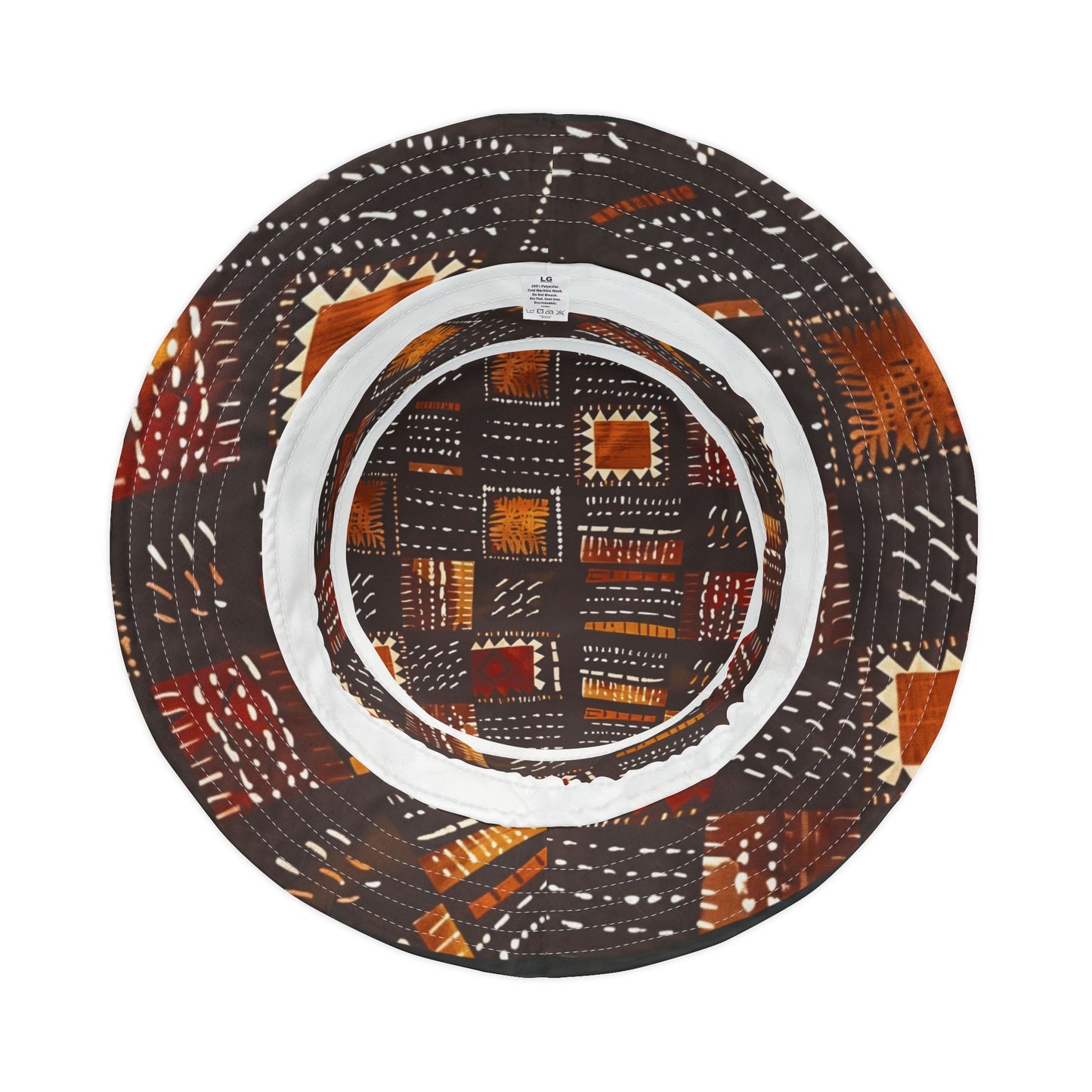 Amber Dusk Bucket Hat – Tribal Patch Pattern in Copper & Chestnut | Unisex All-Over Print Hat by Lace & Grit