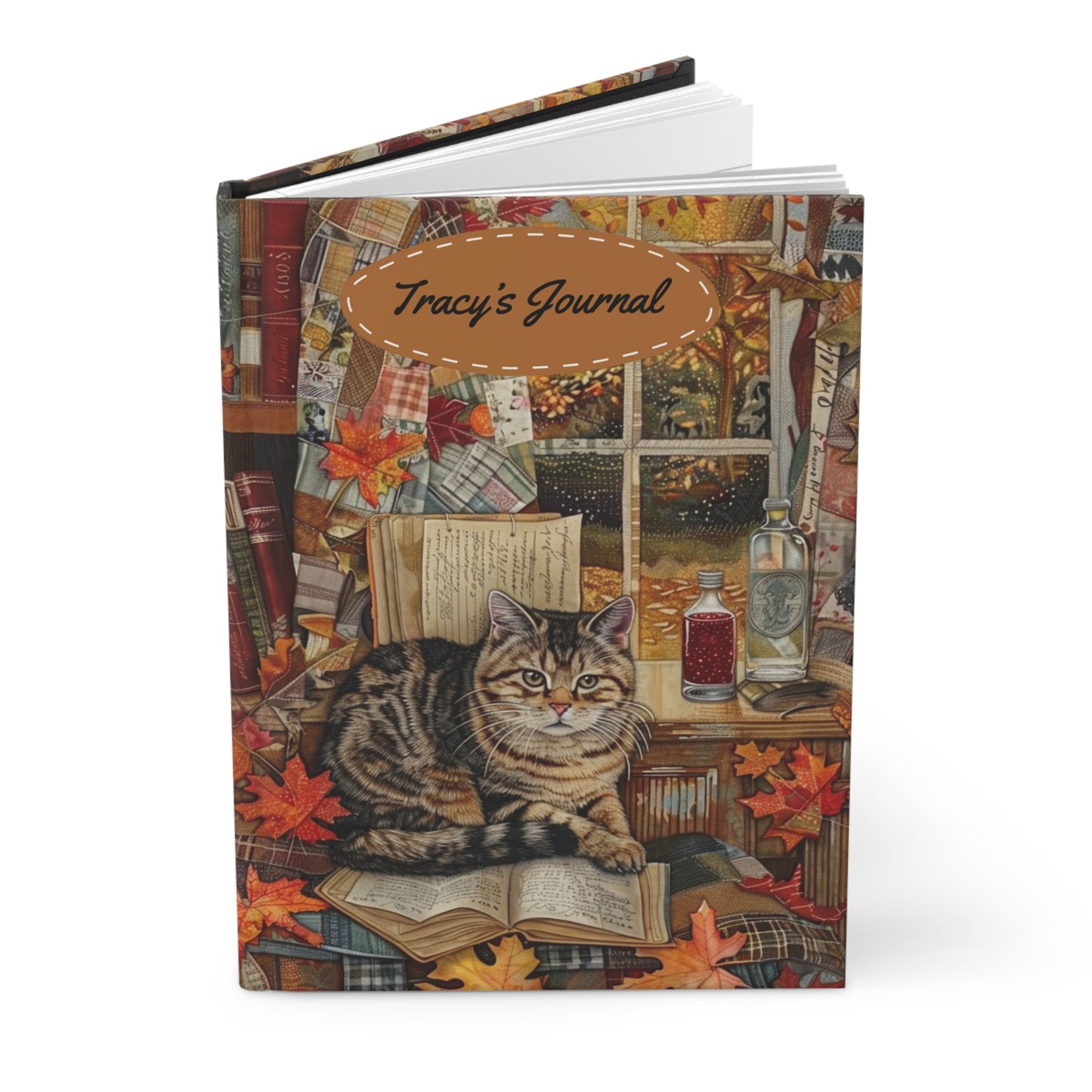 Quilted-Look Scottish Fold Journal - Autumn Study Scene, Cat Lover Gift
