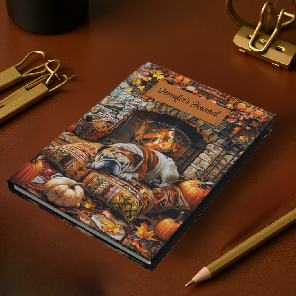 Quilted-Look Bulldog Journal - Cozy Fireplace Scene, Dog Lover Gift
