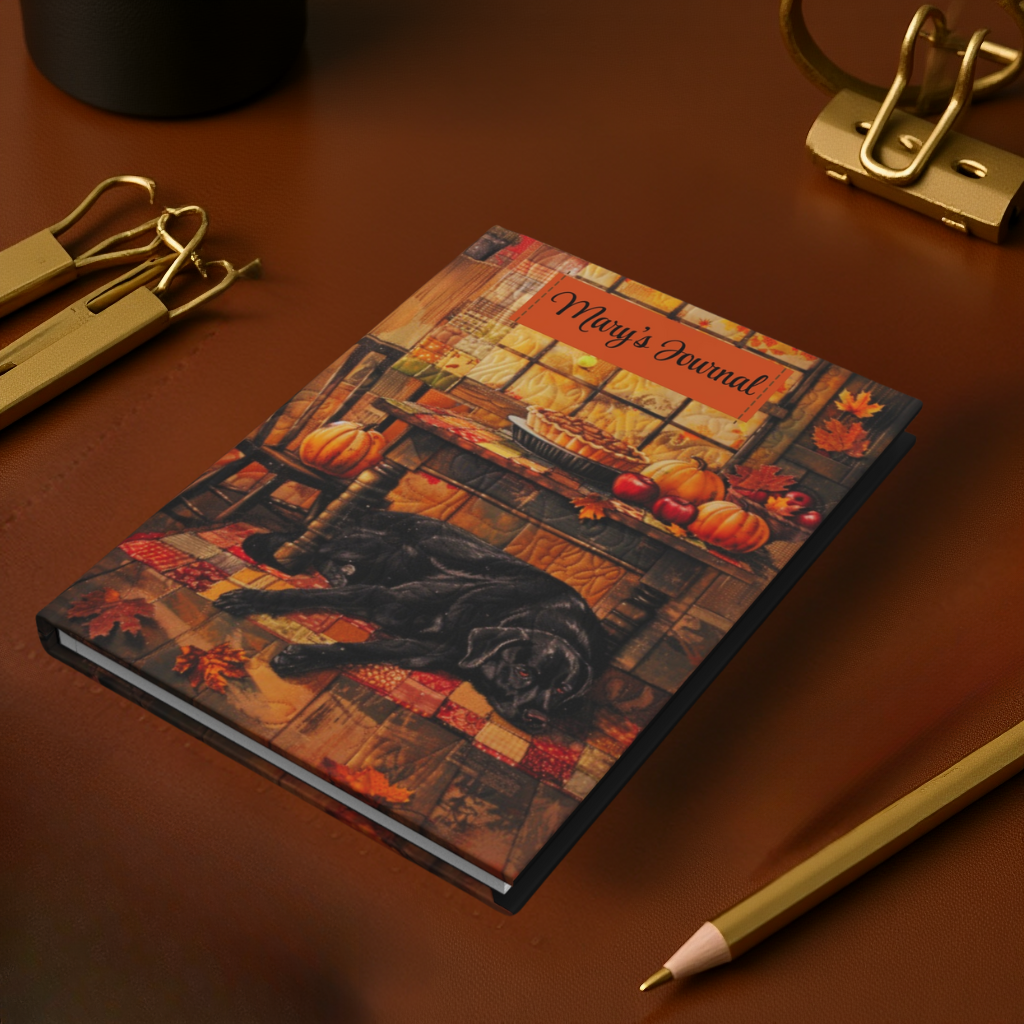 Quilted-Look Black Lab Journal - Cozy Autumn Kitchen Scene, Dog Gift