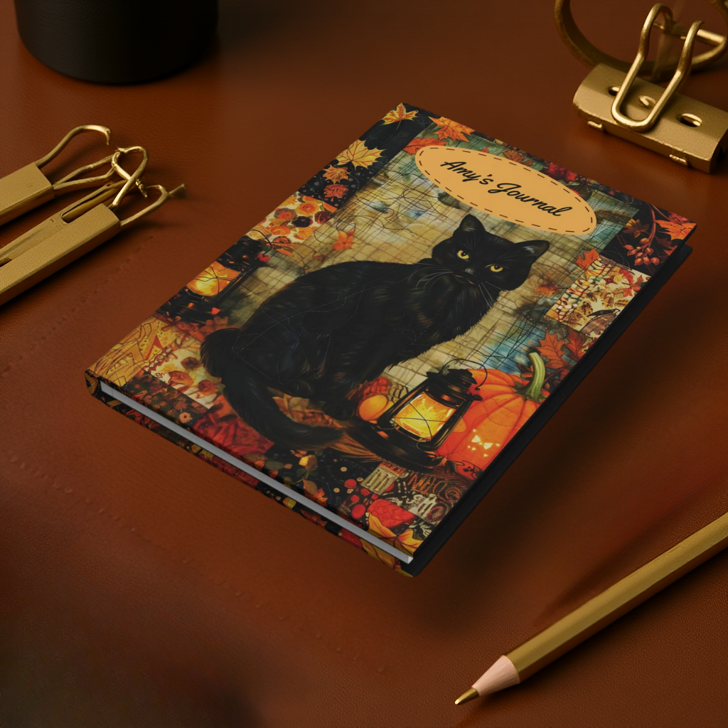 Quilted-Look Black Cat Journal - Autumn Lantern Scene, Cat Lover Gift