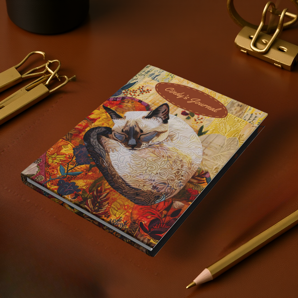 Quilted-Look Siamese Cat Journal - Cozy Autumn Nap Scene, Cat Gift