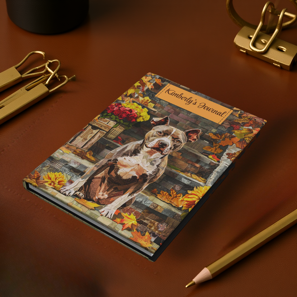 Quilted-Look Pit Bull Journal - Autumn Porch Scene, Dog Lover Gift