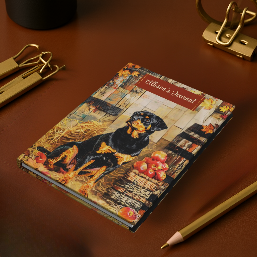 Quilted-Look Rottweiler Journal - Rustic Fall Study Scene, Dog Lover Gift