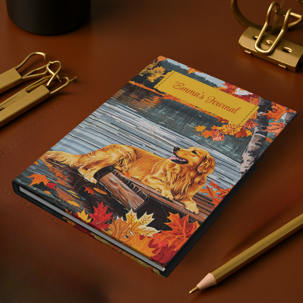 Quilted-Look Golden Retriever Journal - Autumn Lake Scene, Dog Gift