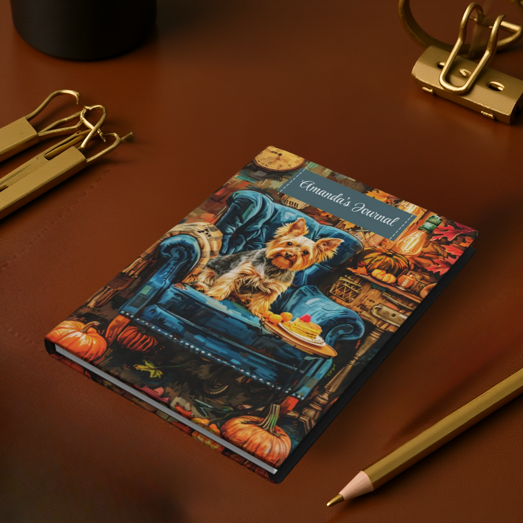 Quilted Yorkie Hardcover Journal - Cozy Autumn Armchair Scene