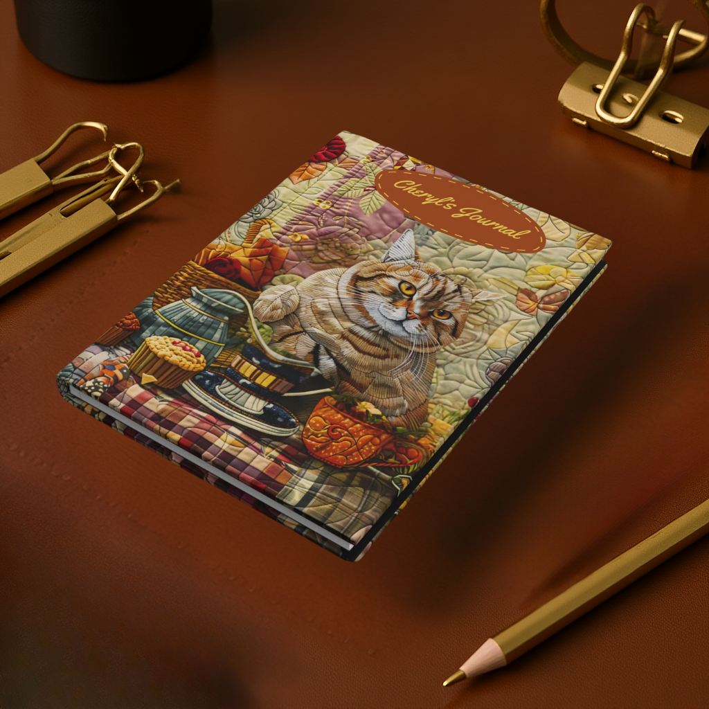 Quilted-Look British Shorthair Journal - Cozy Tea Scene, Cat Lover Gift