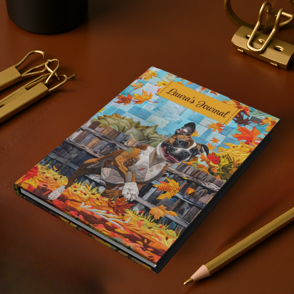 Quilted-Look Boxer Journal - Playful Autumn Leaves Scene, Dog Gift