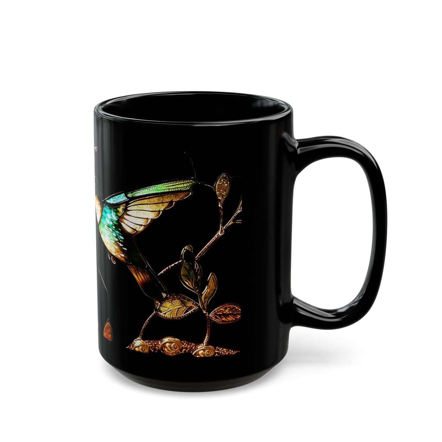 Stained Glass Look Hummingbird – Black Ceramic Mug