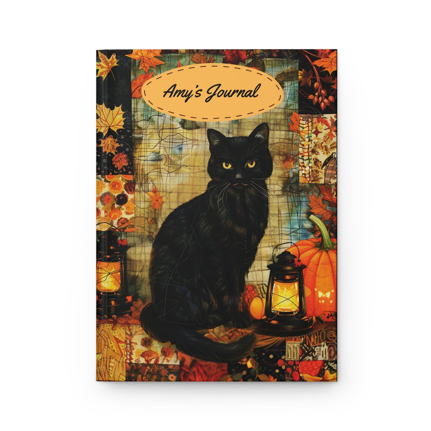 Quilted-Look Black Cat Journal - Autumn Lantern Scene, Cat Lover Gift
