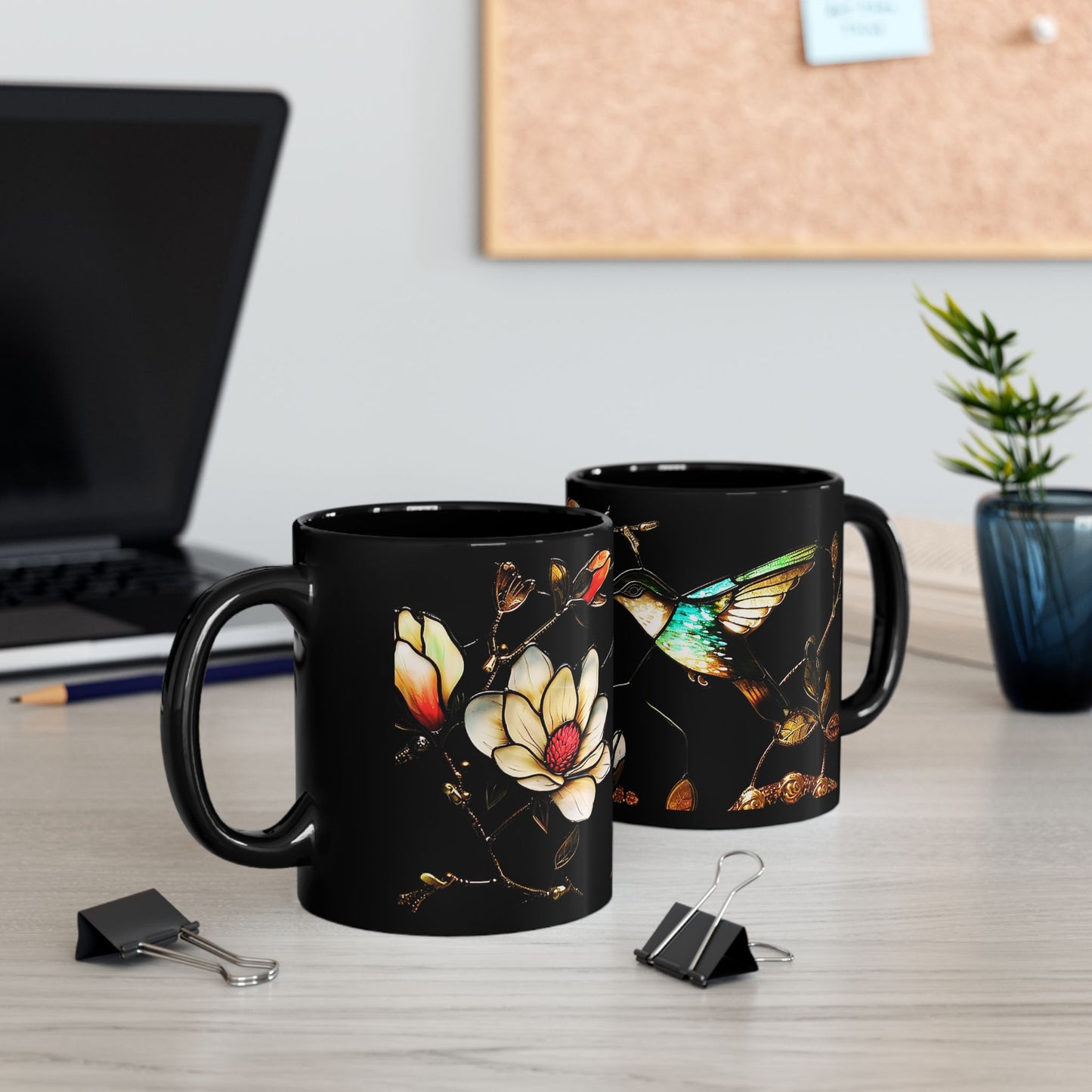 Stained Glass Look Hummingbird – Black Ceramic Mug