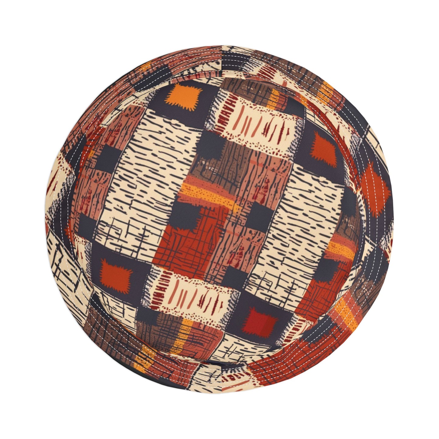 Rustic Rhythm Bucket Hat – Patchwork Stitch Pattern in Russet & Navy | Unisex All-Over Print Hat by Lace & Grit