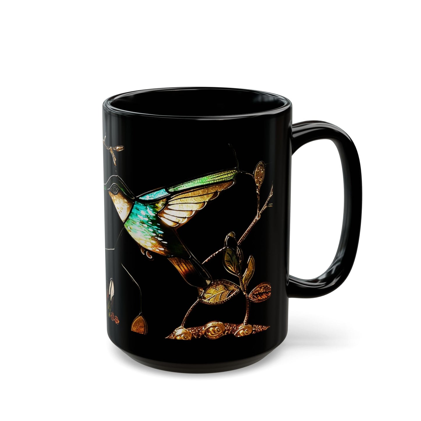 Stained Glass Look Hummingbird – Black Ceramic Mug