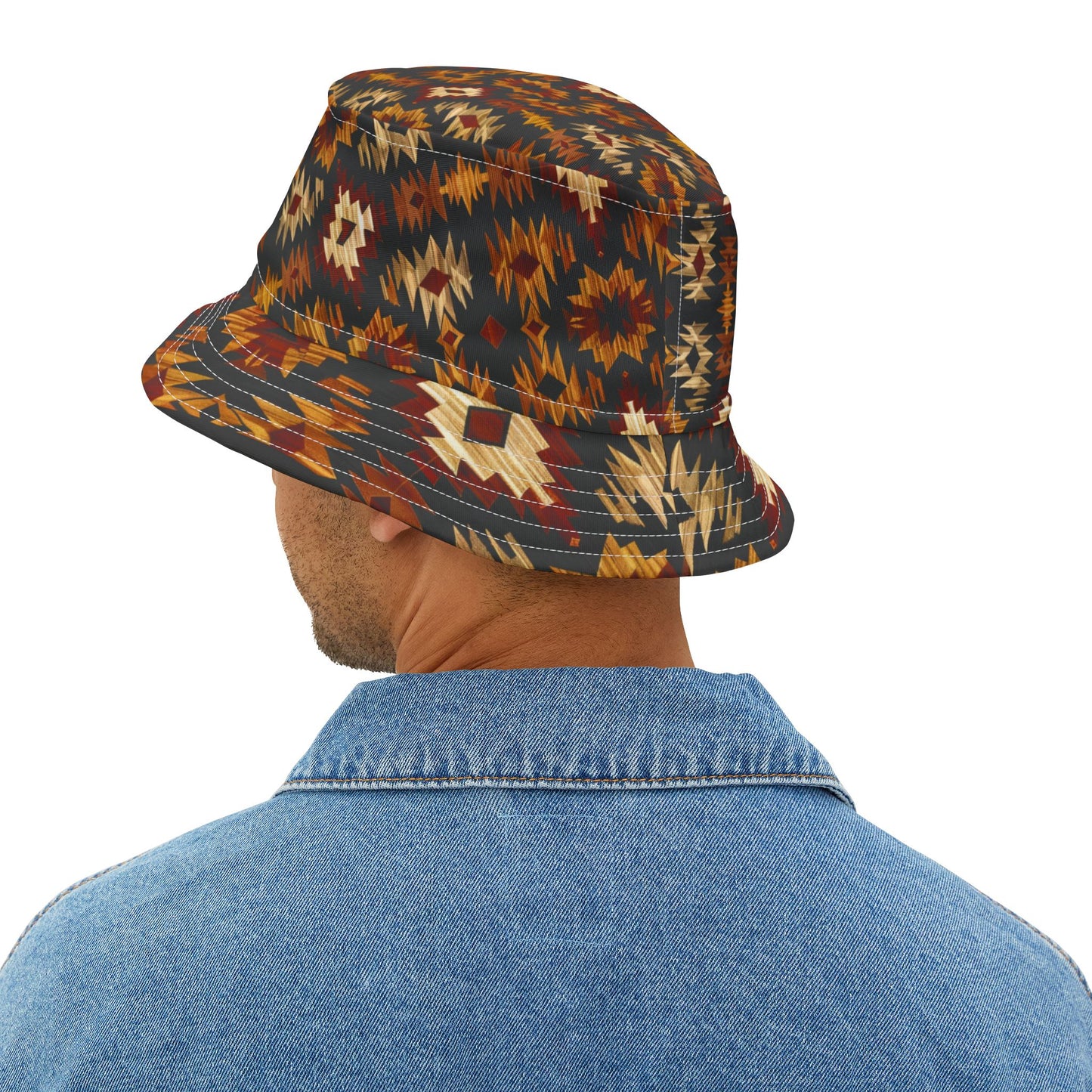 Nomad Ember Bucket Hat – Tribal Desert Pattern in Rust & Sand | Unisex All-Over Print Hat by Lace & Grit