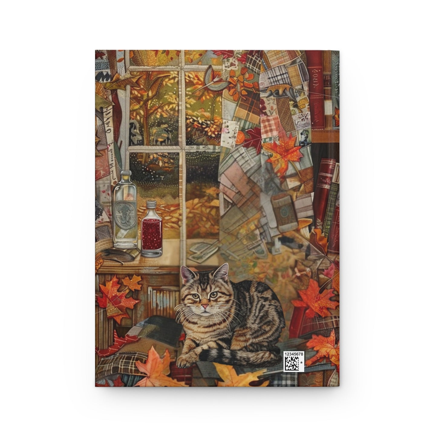 Quilted-Look Scottish Fold Journal - Autumn Study Scene, Cat Lover Gift