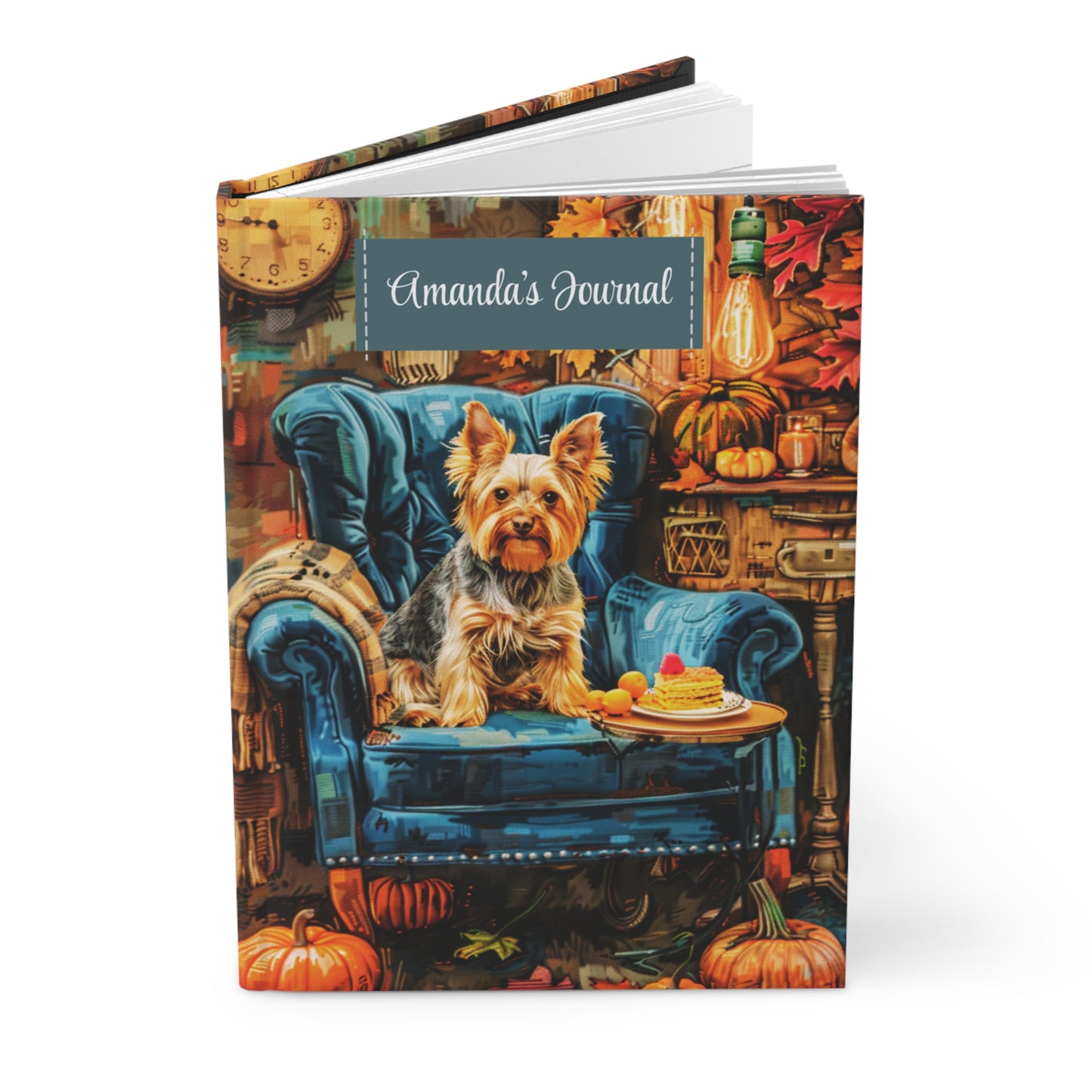 Quilted Yorkie Hardcover Journal - Cozy Autumn Armchair Scene
