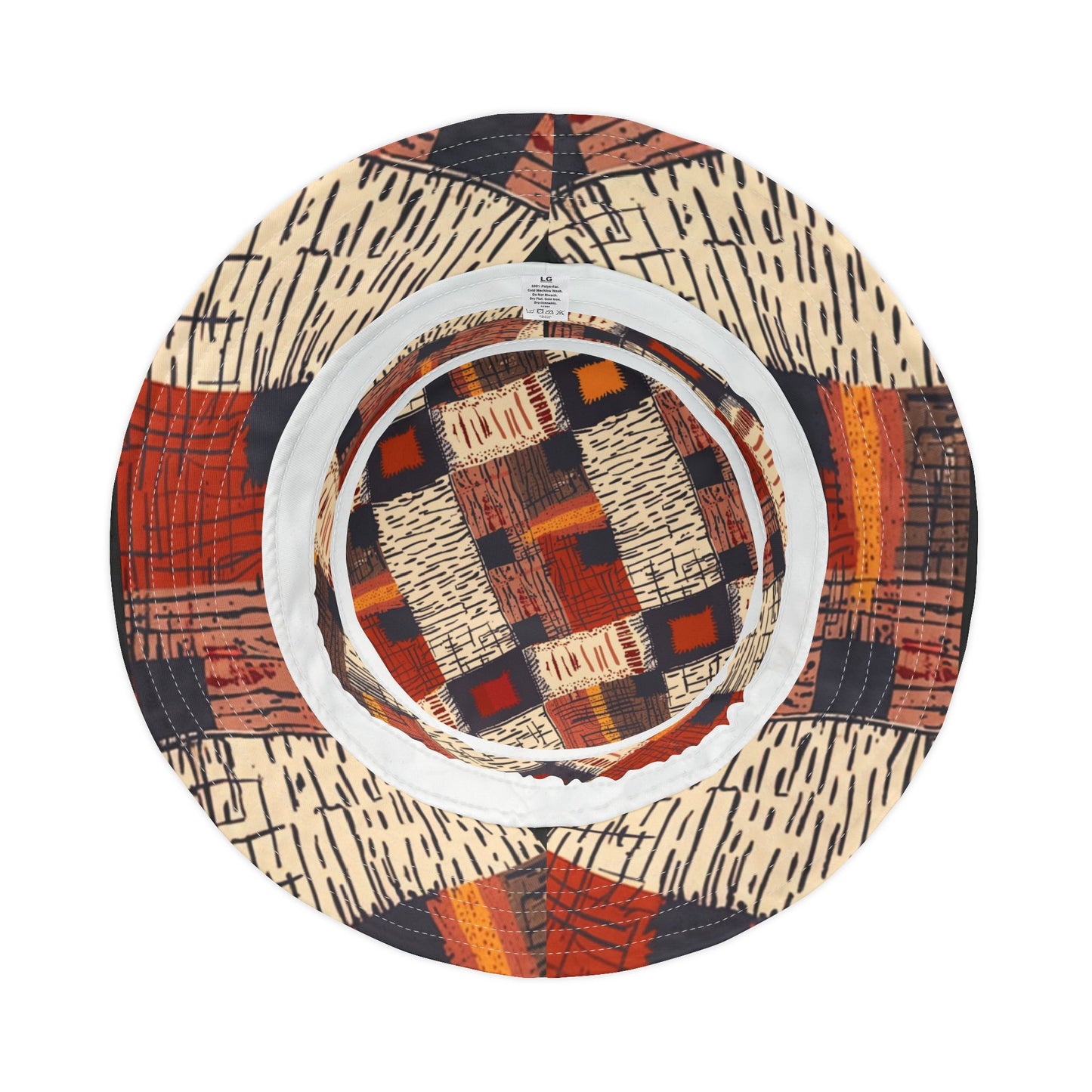 Rustic Rhythm Bucket Hat – Patchwork Stitch Pattern in Russet & Navy | Unisex All-Over Print Hat by Lace & Grit