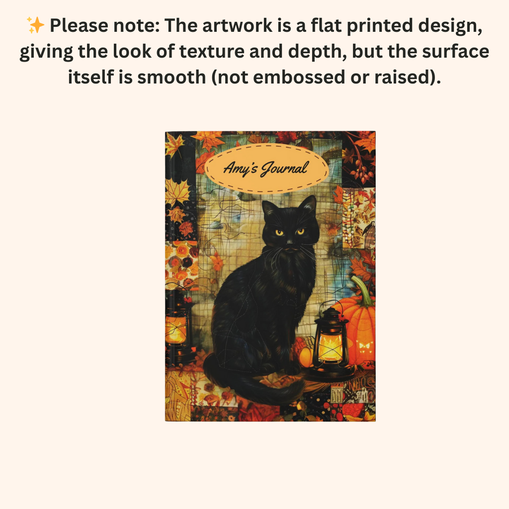 Quilted-Look Black Cat Journal - Autumn Lantern Scene, Cat Lover Gift