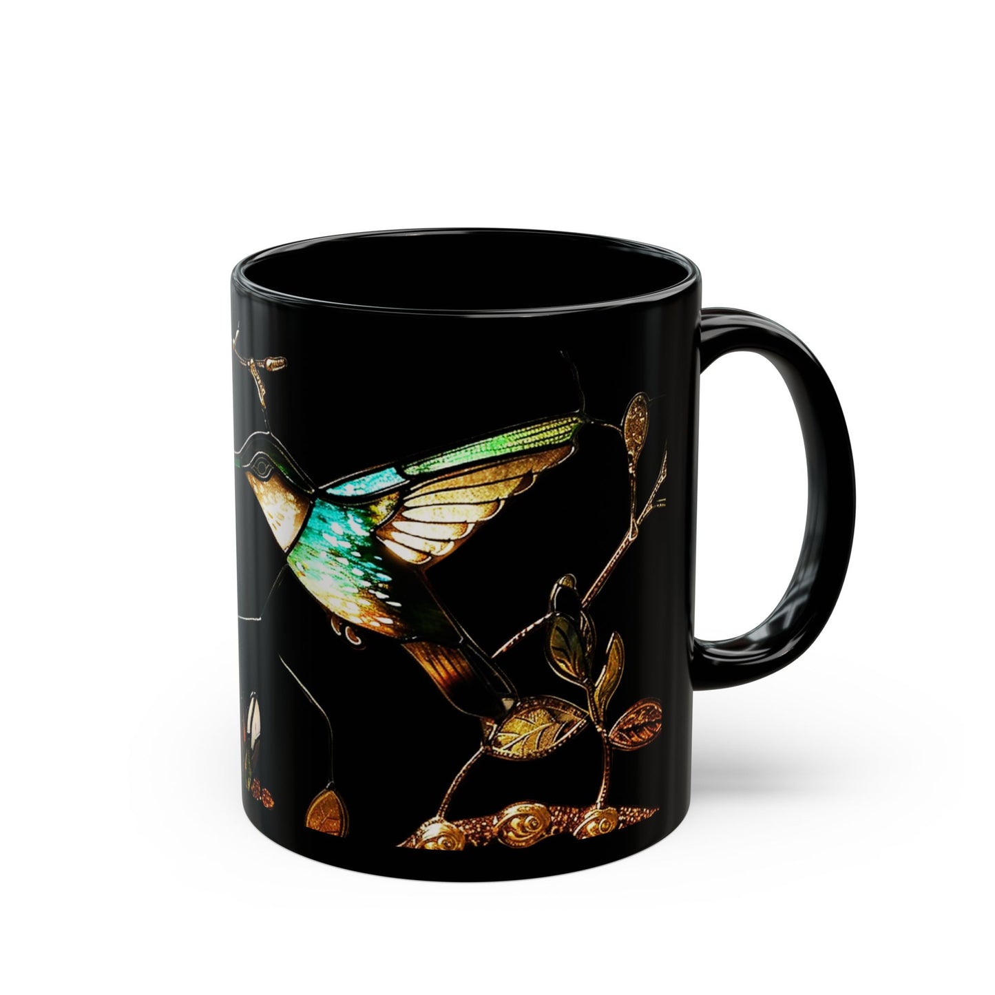 Stained Glass Look Hummingbird – Black Ceramic Mug