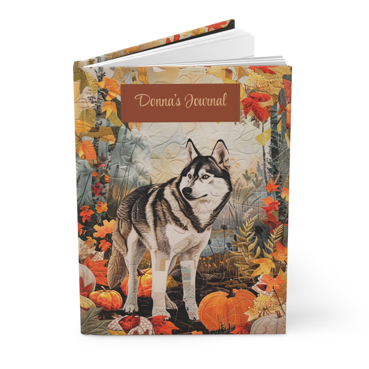 Quilted-Look Husky Journal - Autumn Forest Scene, Dog Lover Gift
