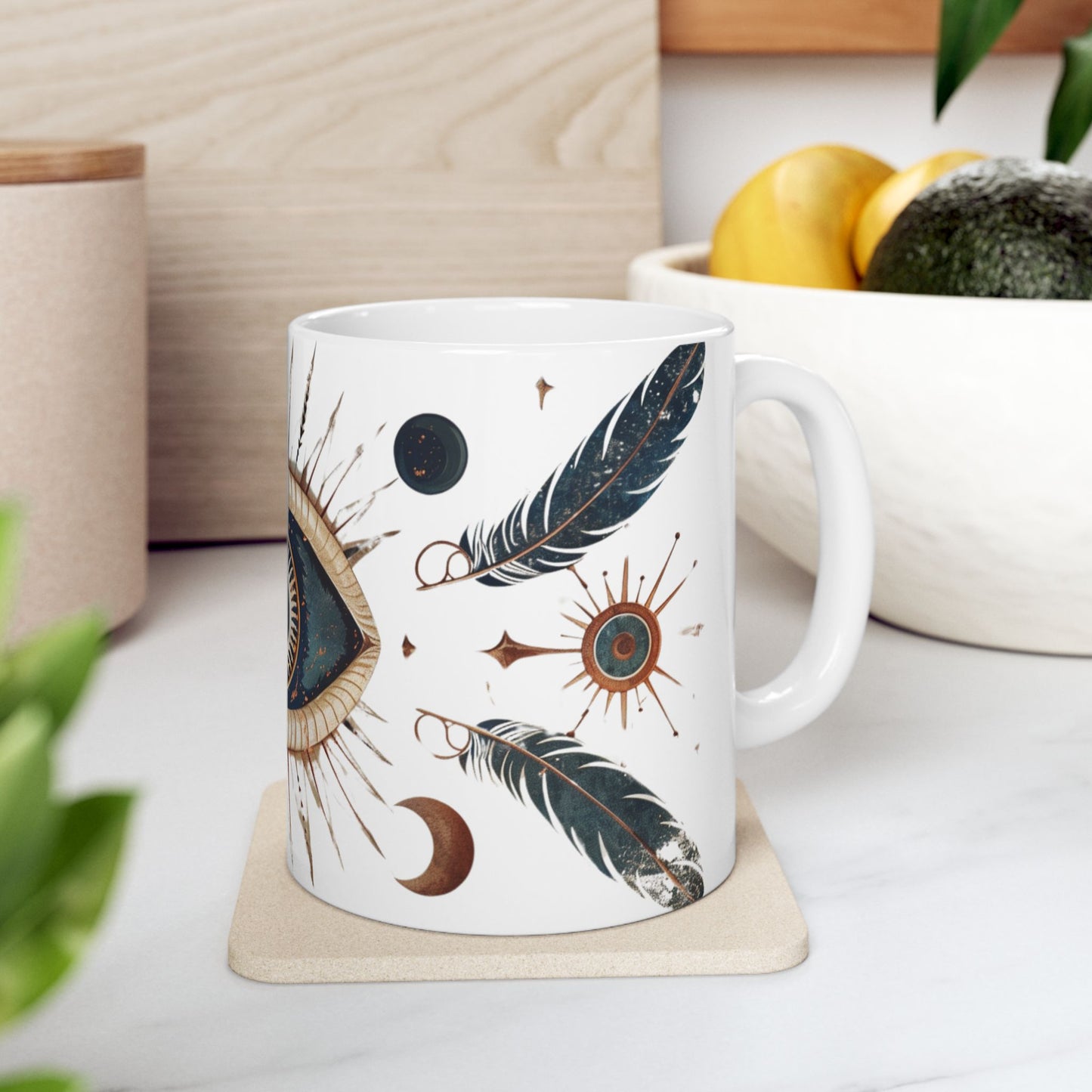 Mystic Vision Mug – Boho All-Seeing Eye & Feather Design | Celestial Coffee Cup Gift