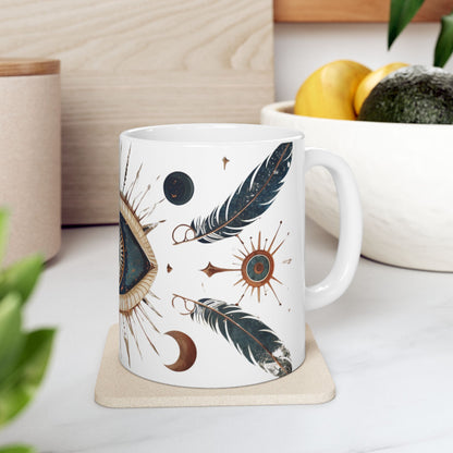 Mystic Vision Mug – Boho All-Seeing Eye & Feather Design | Celestial Coffee Cup Gift