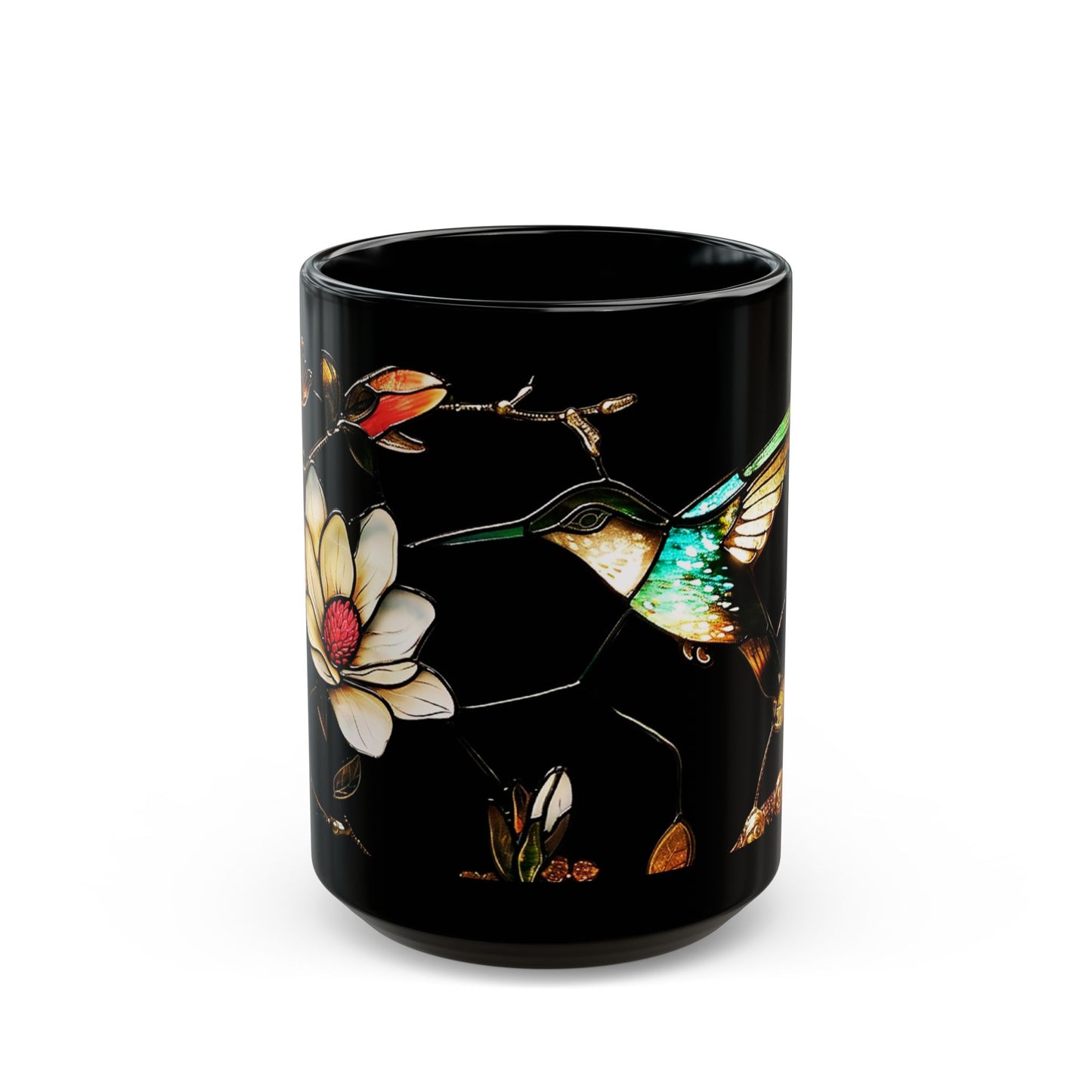 Stained Glass Look Hummingbird – Black Ceramic Mug