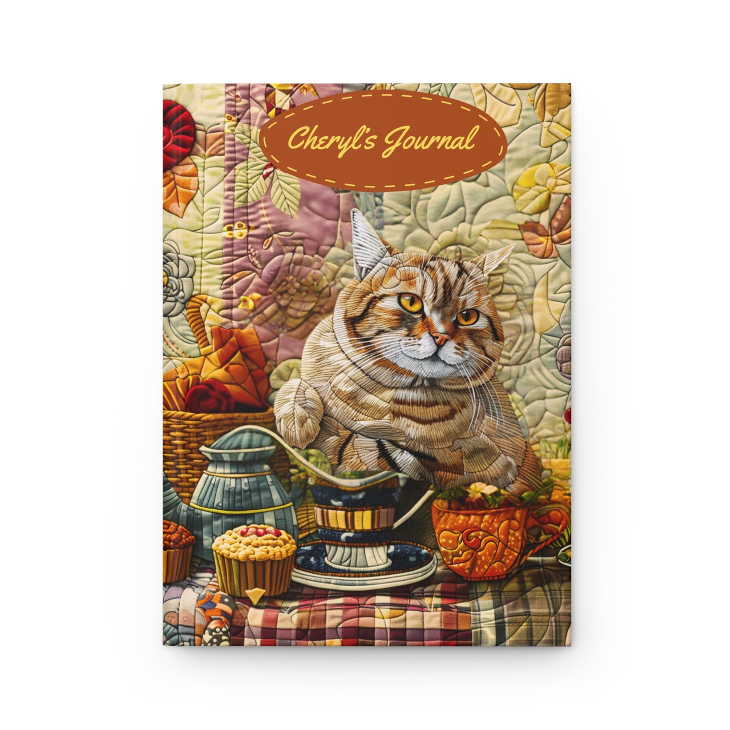 Quilted-Look British Shorthair Journal - Cozy Tea Scene, Cat Lover Gift