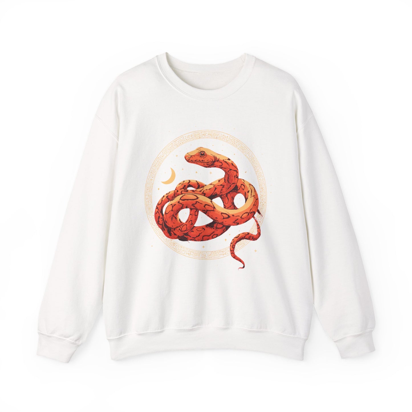 Celestial Serpent Sweatshirt – Boho Lunar Snake Design in Gold & Ember | Unisex Fleece by Lace & Grit