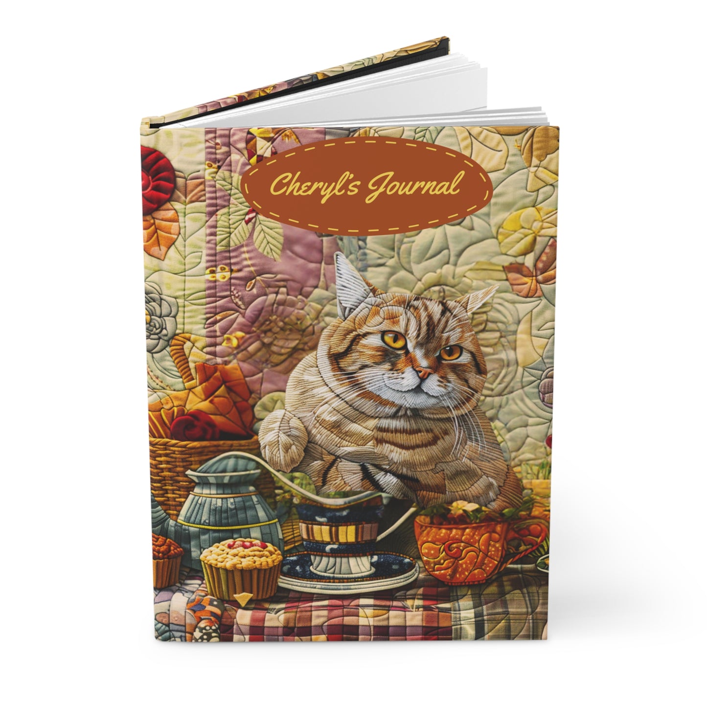 Quilted-Look British Shorthair Journal - Cozy Tea Scene, Cat Lover Gift