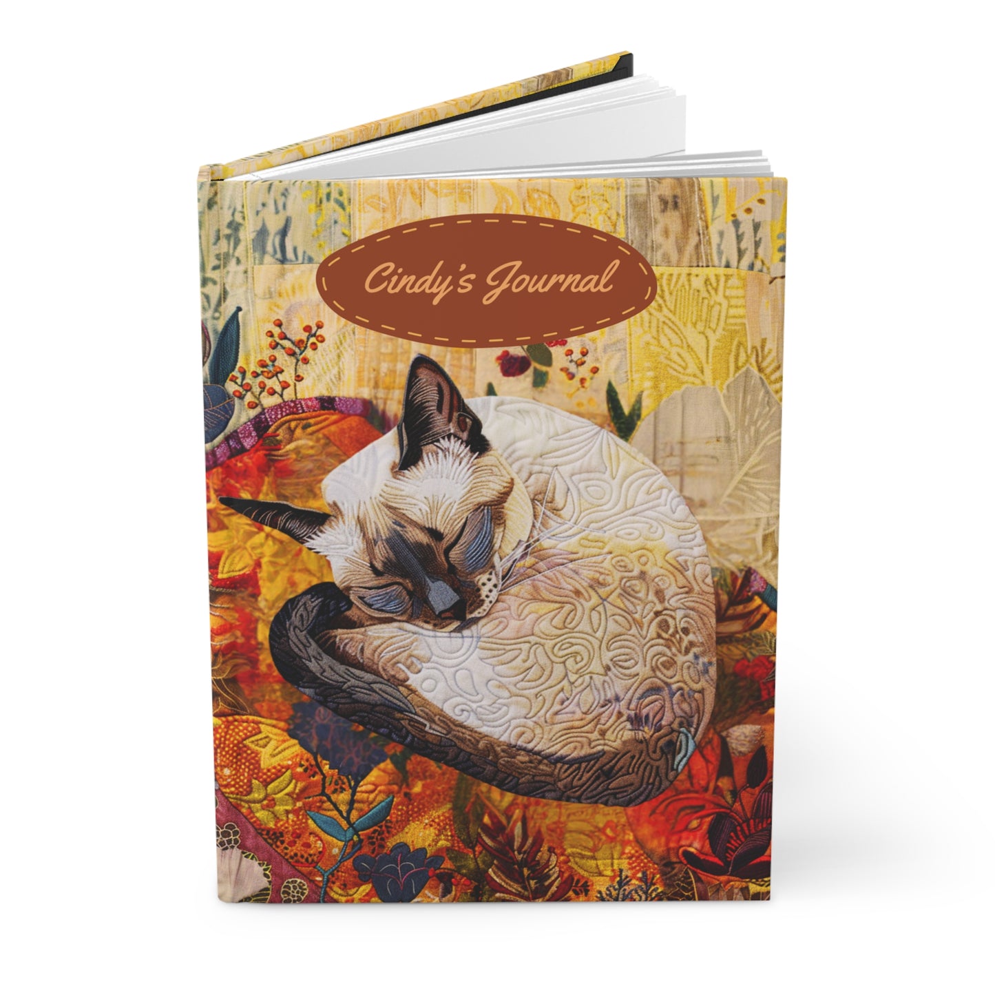 Quilted-Look Siamese Cat Journal - Cozy Autumn Nap Scene, Cat Gift