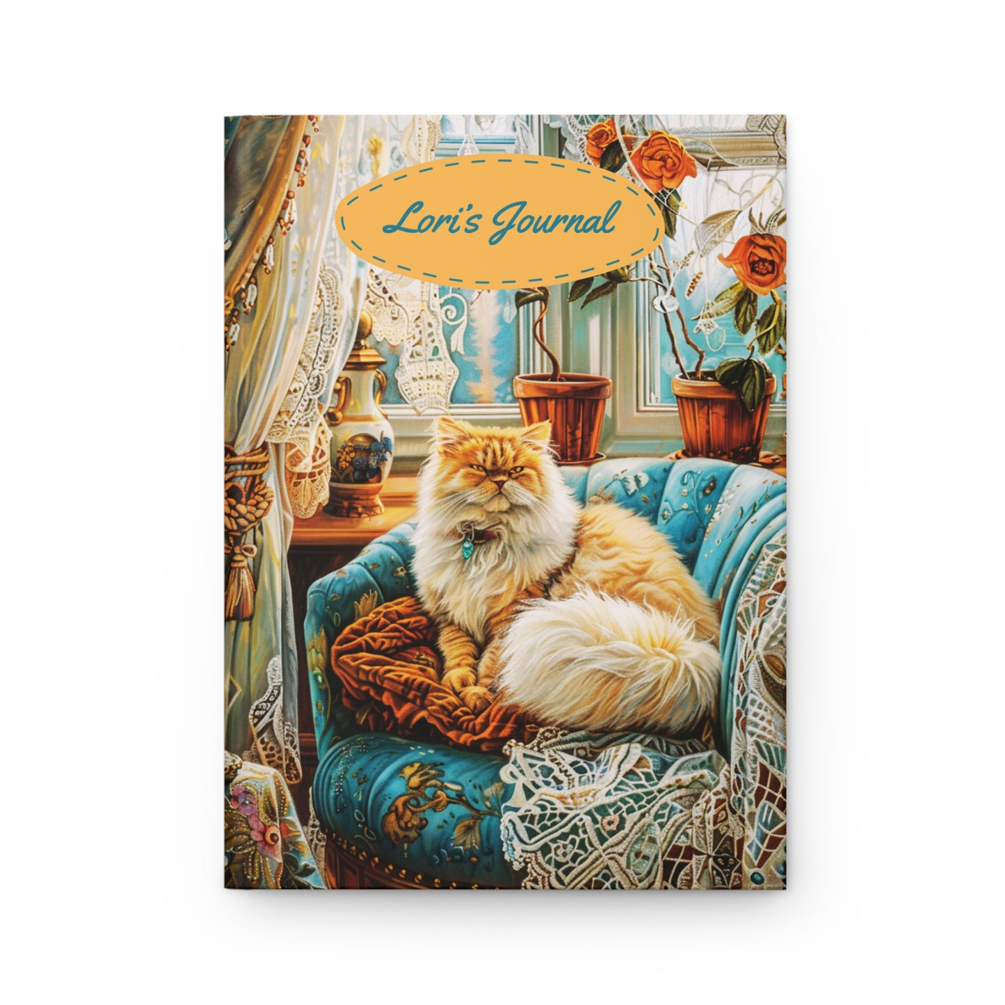 Quilted-Look Persian Cat Journal - Vintage Parlor Scene, Cat Lover Gift
