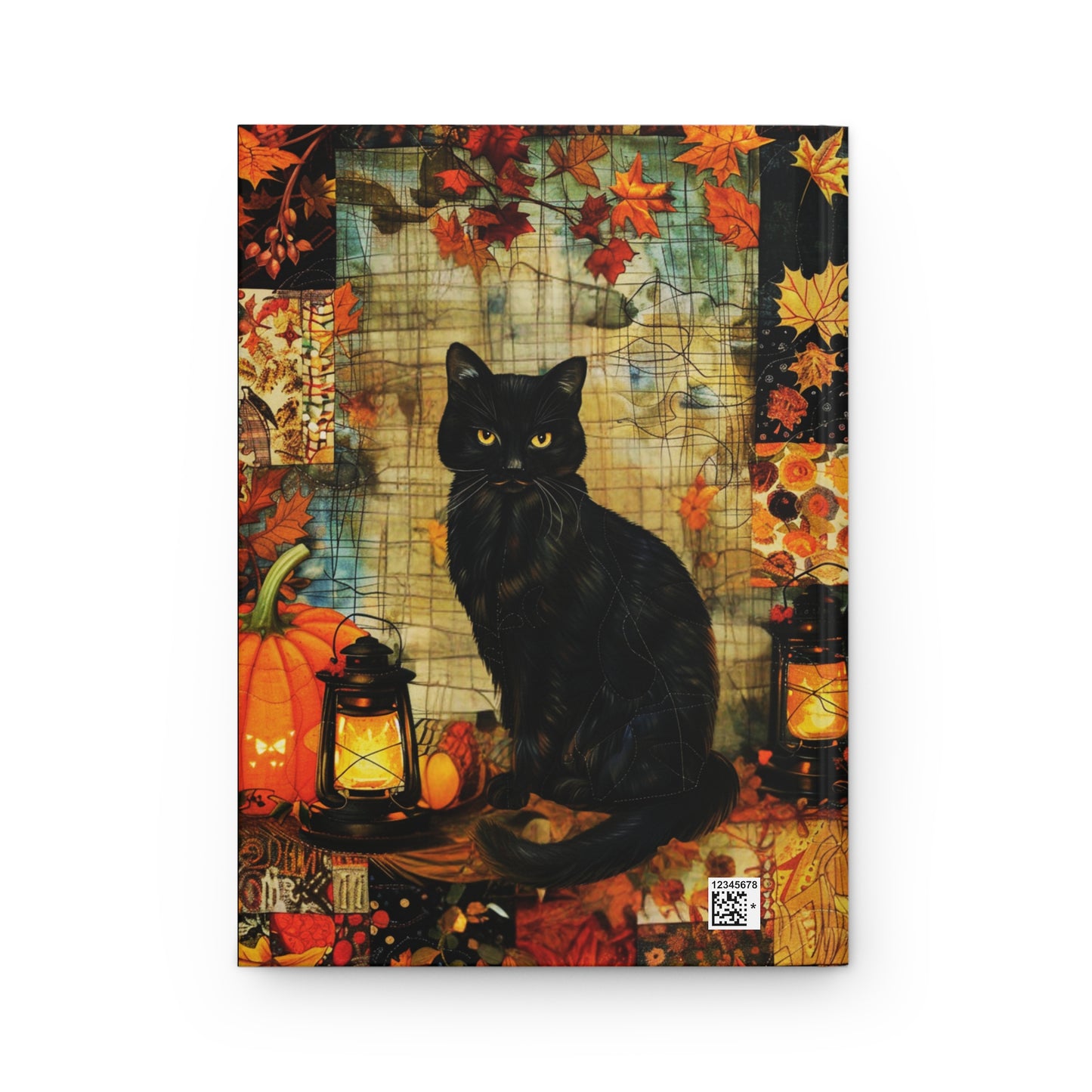 Quilted-Look Black Cat Journal - Autumn Lantern Scene, Cat Lover Gift