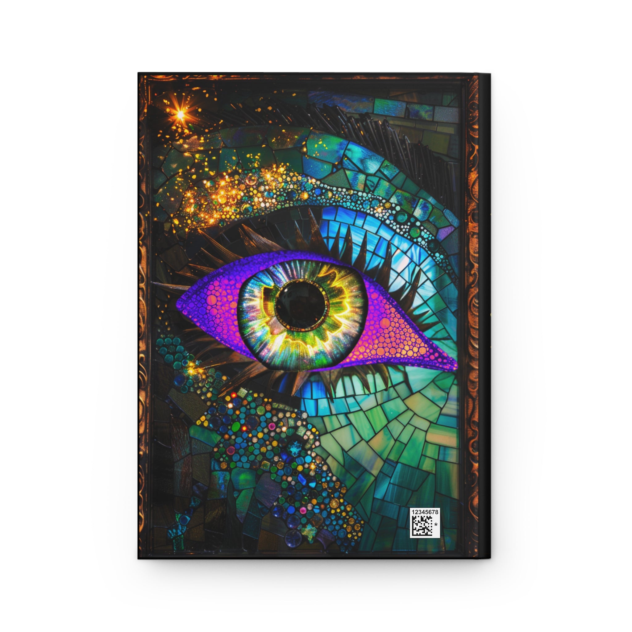 Colorful mosaic art piece of an eye on a white background