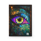 Colorful mosaic art piece of an eye on a white background