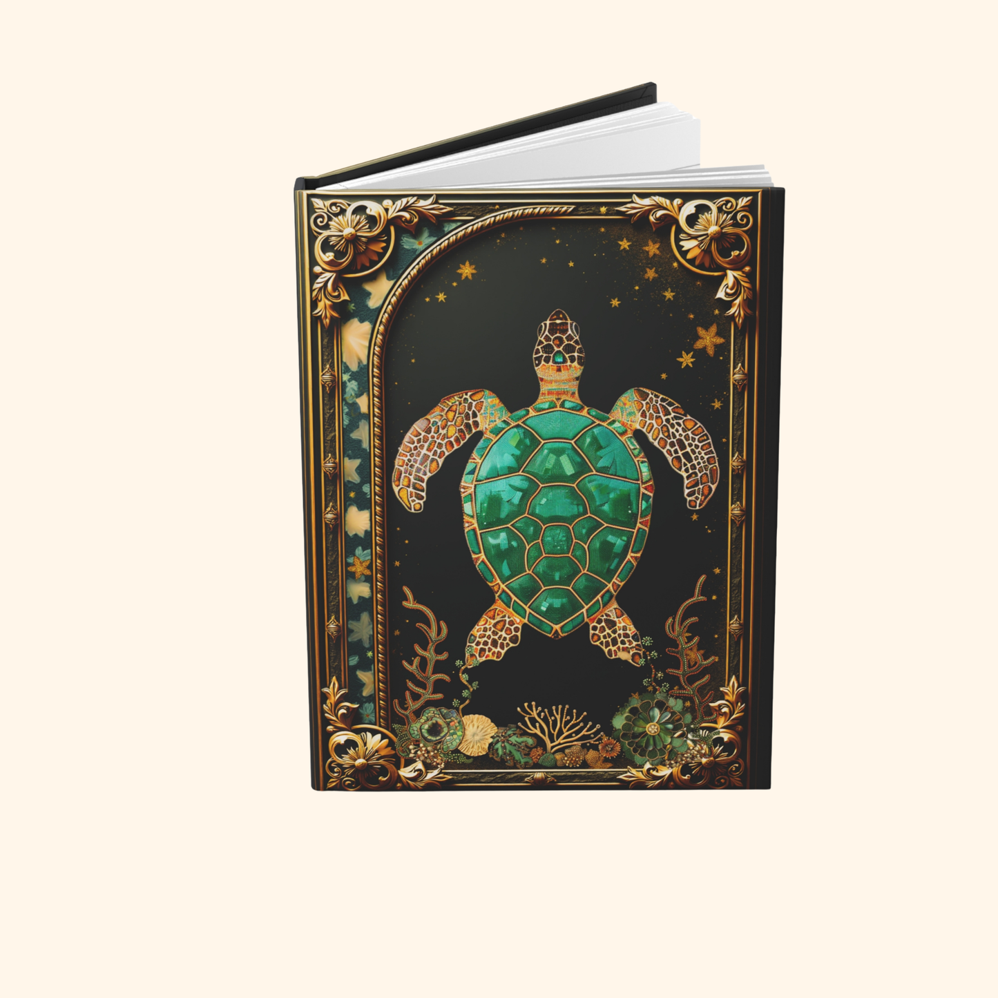 Sea Turtle Journal – Ocean Fantasy Notebook, Gold Filigree Turtle Diary, Personalized Hardcover Journal, Coastal Gift for Ocean Lovers