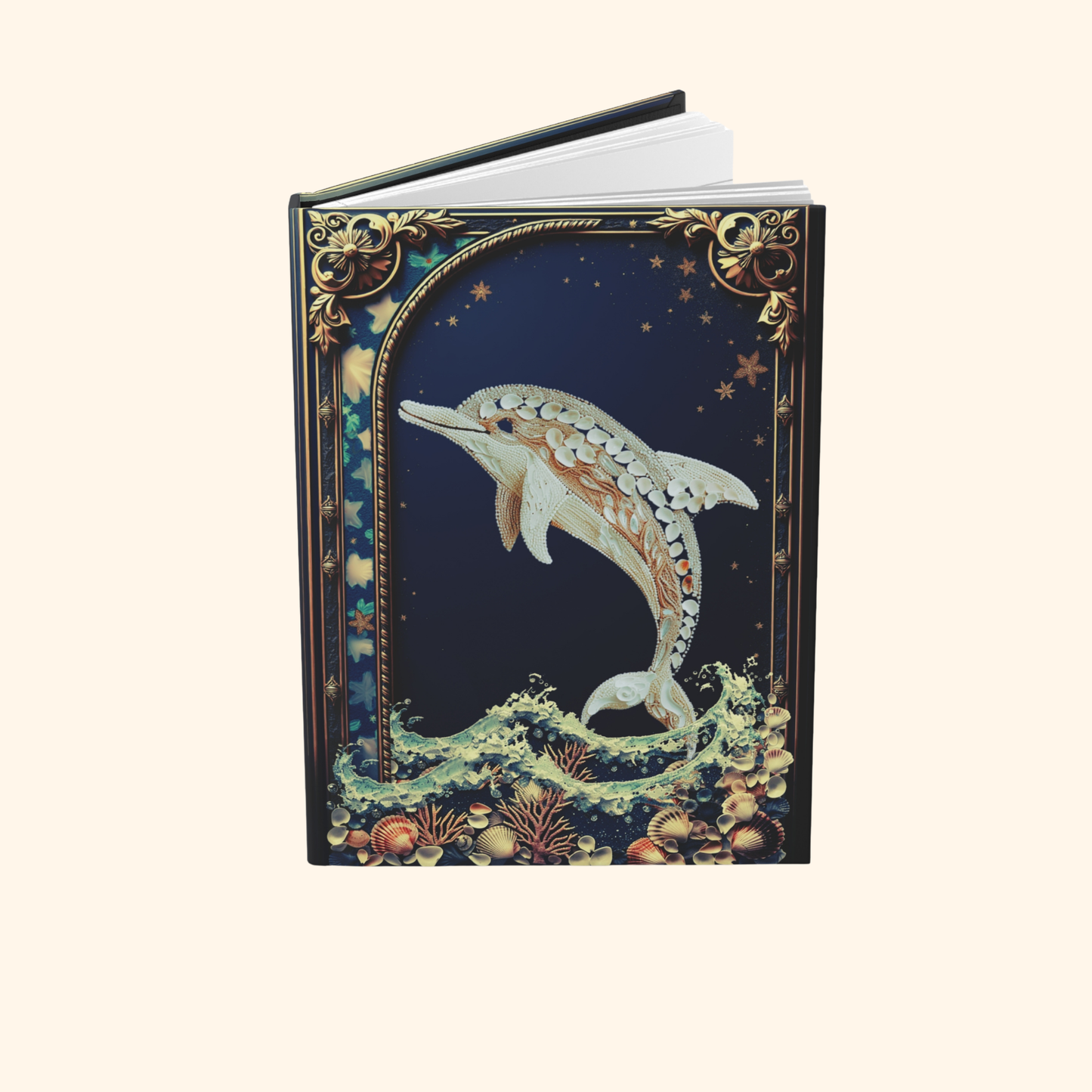 Dolphin Journal – Ocean Fantasy Notebook, Gold Filigree Dolphin Diary, Personalized Hardcover Journal, Coastal Gift for Sea Lovers