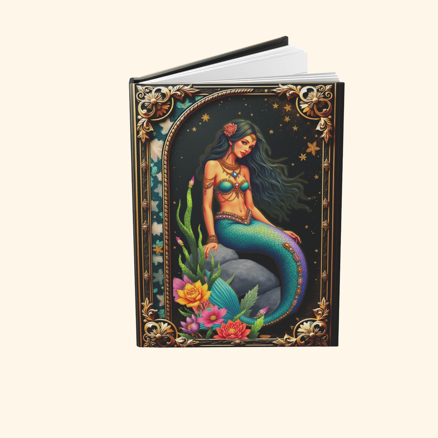 Mermaid Journal – Ocean Fantasy Notebook, Gold Filigree Mermaid Diary, Personalized Hardcover Journal, Sea Lover Gift for Writers