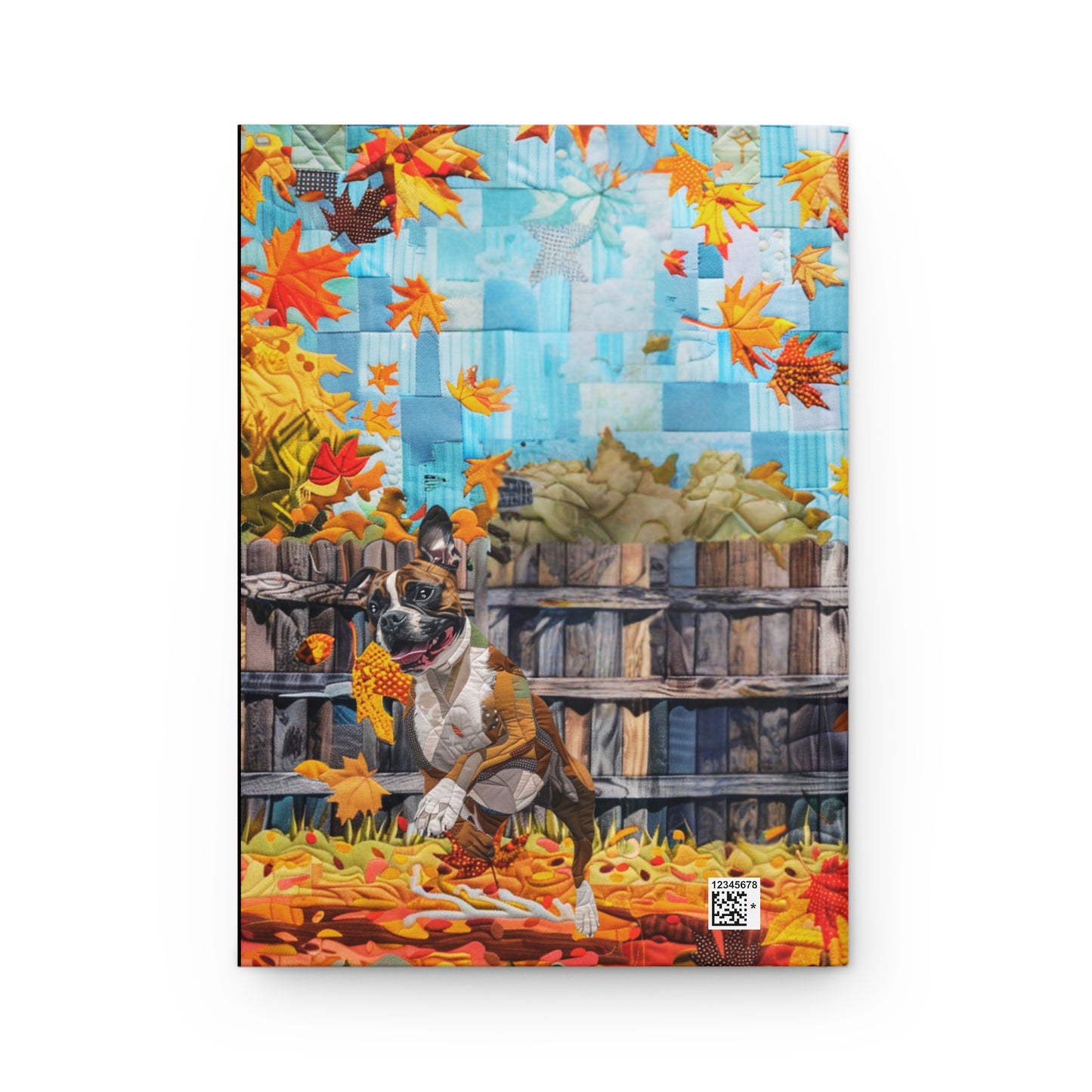 Quilted-Look Boxer Journal - Playful Autumn Leaves Scene, Dog Gift